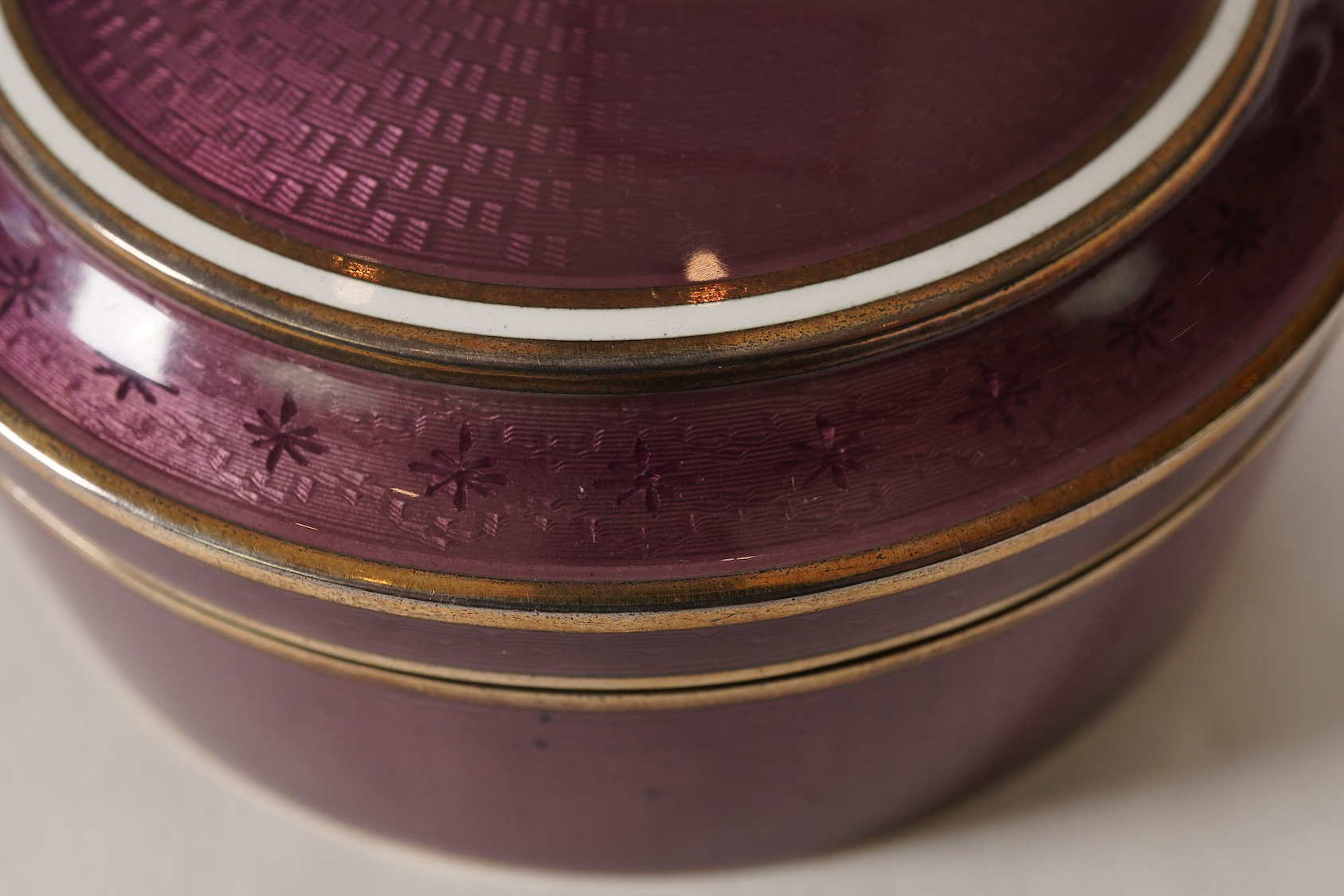 A late 19th/early 20th century North American sterling and mauve guilloche enamel circular box and cover, by Theodore B. Starr Inc, New York